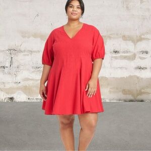 Universal Thread Bright Red V-Neck Fit & Flare Cotton Mini Dress - Pockets!